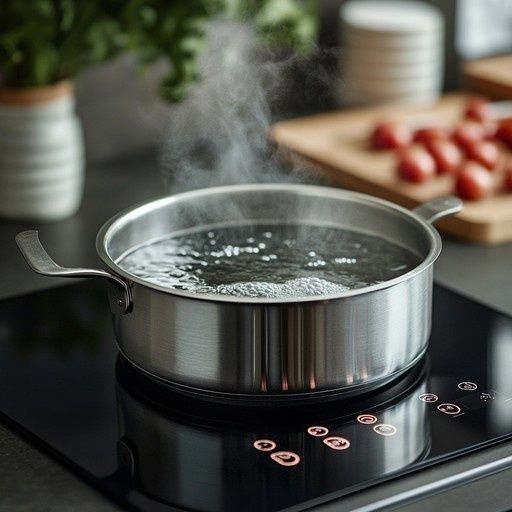 RVS-pan met kokend water op een zwarte inductiekookplaat