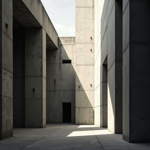 Brutalistische betonnen binnenruimte met scherpe lichtvlakken